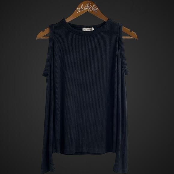 rag & bone / Jean Cold Shoulder Top Black Ribbed Medium - Picture 1 of 6